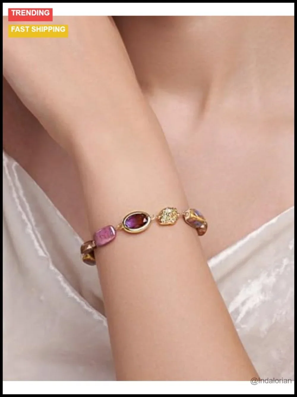 Gold Plated Beaded Bracelet Adjustable Pearl Shell Turquoise Gemstone